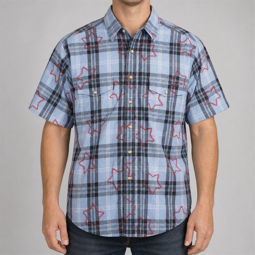 Twenty X 20X Shirt Mens Medium Blue Gray Pearl Snap Stars Cotton Plaid